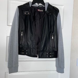 Faux Leather hooded jacket with zipper pockets